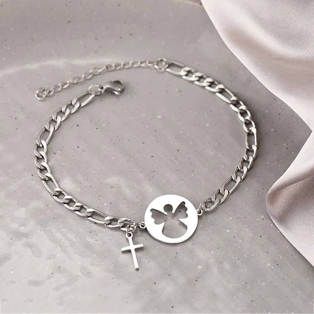 Stainless Steel Angel Cross Bracelet